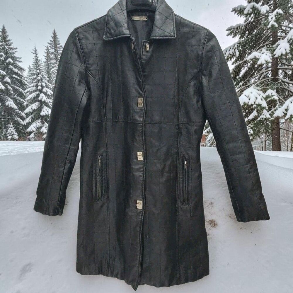 VTG Brandon Thomas Leather Midi Trench Coat Womens Small Black Y2K Whimsigoth